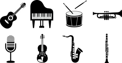 Musical instrument icons set showing guitar piano drum trumpet microphone violin saxophone and clarinet in clean black vector silhouette style for music design © Sarsoti