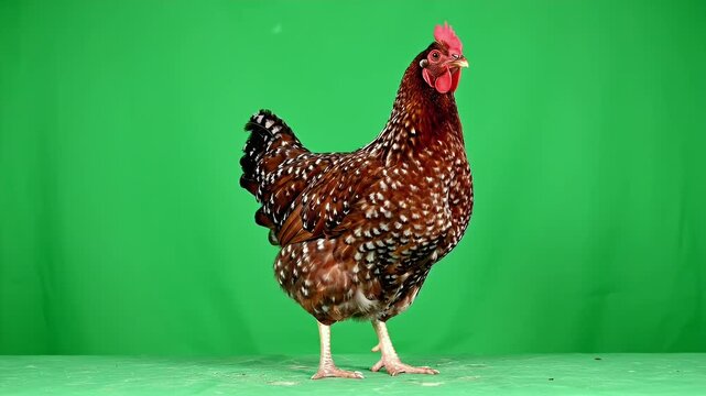 Realistic Brown Speckled Hen Alertly Jerking Head on Green Screen Background With Small Feed Grains Scattered on Surface Studio Shot