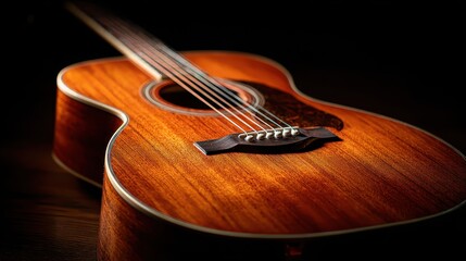 Close-up View of a Beautiful Acoustic Guitar with Warm Wood Finish