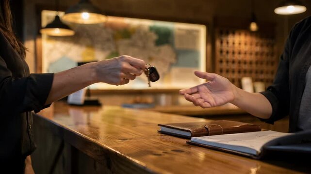 Evening arrival at a quaint riverfront lodge reception counter featuring illuminated local maps and a tidy key rack main focus on the receptionists hands.