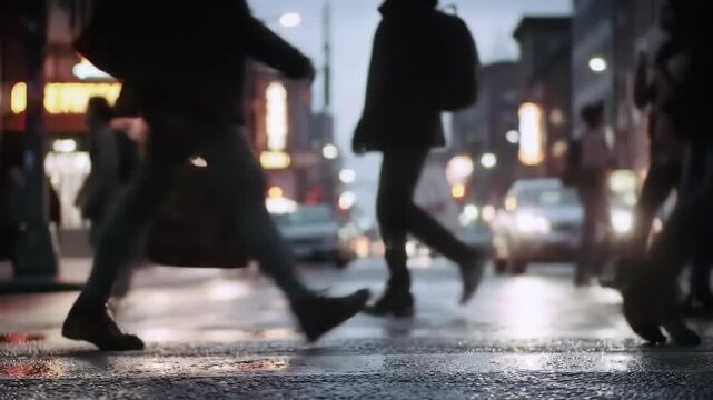 People walking on a wet city street at night, with blurred lights and reflections.