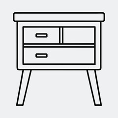 Line art illustration of a bedside table with two drawers and four angled legs
