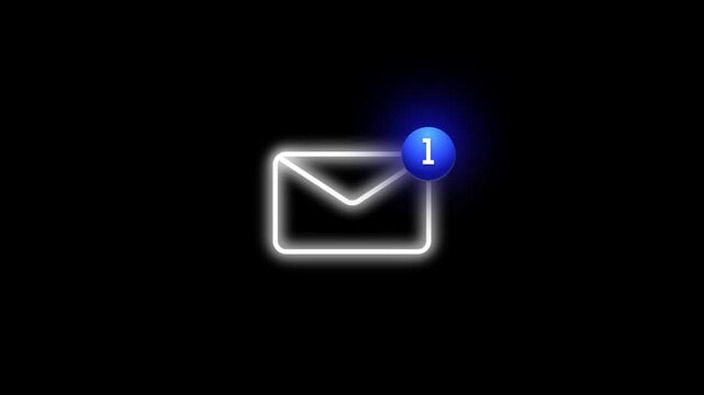 Electronic Mail box animation with receiving notification blue pop up and number one on top right isolated on black background