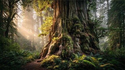 Obraz premium Giant Ancient Redwood Tree Trunk in Lush Sunlit Forest