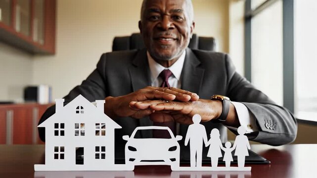 Insurance agent protecting family assets home and automobile coverage with professional advice and personalized service for secure future planning