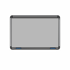 Isolated gray whiteboard with rounded corners and blue marker holders, front view