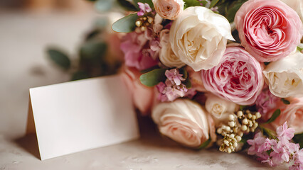 Obraz premium Elegant bouquet of roses with blank card on marble surface