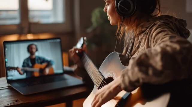 Two songwriters exchanging lyrics and melodies over video call connecting remotely to create new music despite distance.