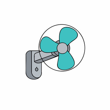Cartoon wall-mounted fan with three turquoise blades and a gray base