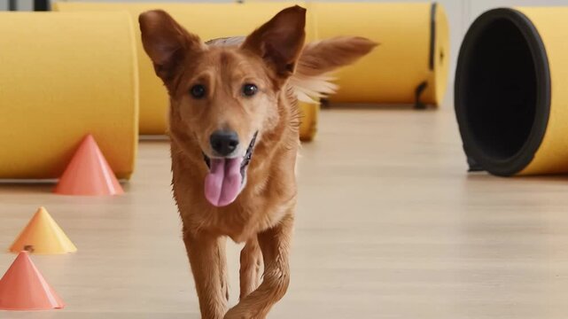 Medium shot of a dog enthusiastically participating in an online virtual agility class navigating obstacles and enhancing coordination during interactive pet fitness sessions.