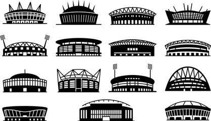 Stadium and arena silhouette icon collection featuring modern sports venues, football grounds, concert arenas, and architectural landmarks in black vector style for branding and design projects © Shuda