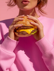 young woman eating a burger in pink theme