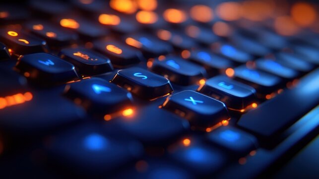 Illuminated keyboard, close-up, gaming, night, bokeh, technology, website, design