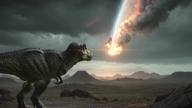 Giant Tyrannosaurus Rex standing in a prehistoric landscape and watching a massive fireball meteor falling from the sky. Epic extinction event concept with ancient dinosaur and volcanic mountains.
