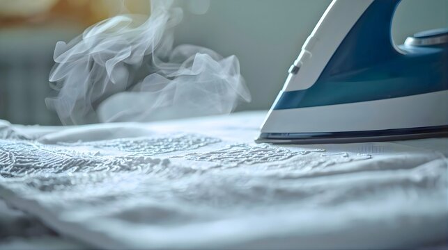 Steam iron pressing white Baju Koko embroidery shirt