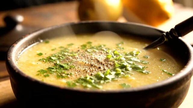 Steaming Hot Bowl of Creamy Soup with Herbs.