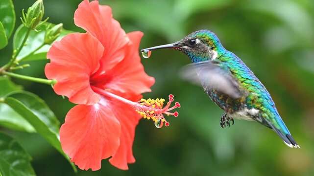 Vibrant iridescent hummingbird with a nectar drop on its beak hovering by a red hibiscus flower