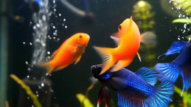 Colorful fish in aquarium, gold ram cichlid and blue betta fish swim with plants.