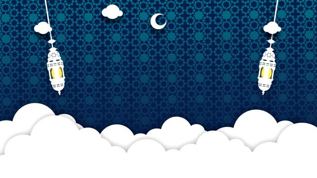Ramadan themed decoration featuring lamps, moon, and clouds. Perfect for festive social media posts, greeting cards, and event invitations.