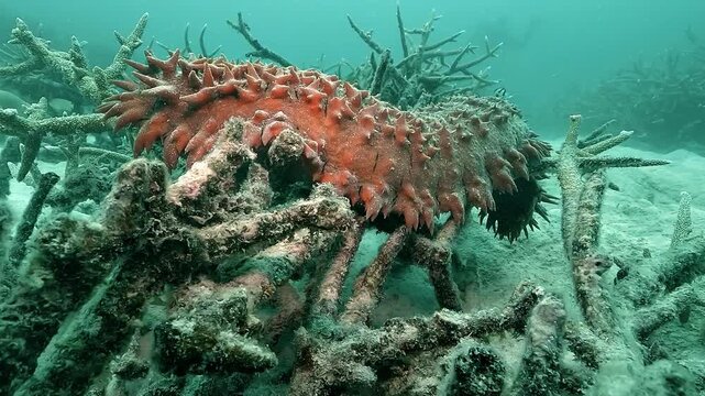 A prickly redfish sea cucumber &ndash; Thelenota ananas &ndash; rests on dead staghorn coral on the Great Barrier Reef, Australia, highlighting coral loss linked to climate change and rising ocean temperatures.