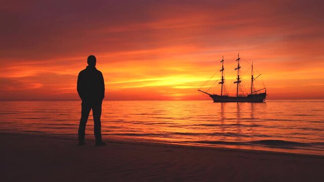 Silhouette of a lonely man standing on a sandy beach watching a vintage sailing ship under a vibrant orange sunset sky