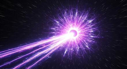 theoretical physics concept dynamic purple energy burst with streaking light trails and intricate patterns in deep cosmic space.