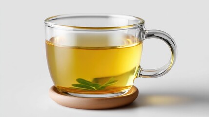 Golden Nectar in a Glass: A clear glass mug holding a refreshing herbal infusion, exuding a sense of calm and well-being. A visual ode to simplicity.