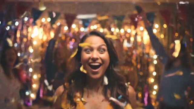 Slow motion close-up of an ecstatic young woman's face surprised by a colorful confetti burst at a festive party