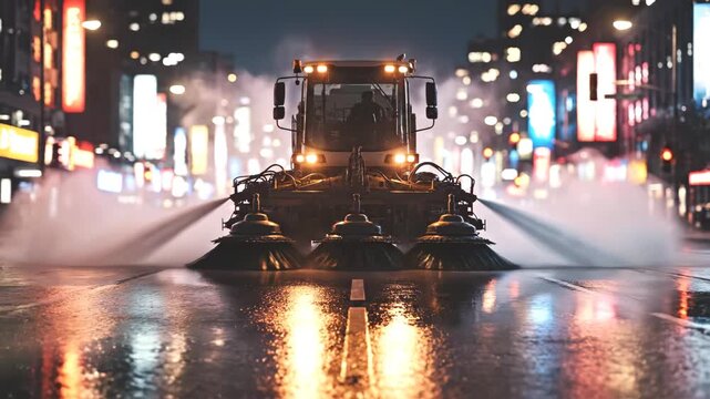 Low angle front view of a street sweeper truck cleaning wet asphalt under bright colorful neon city lights at night