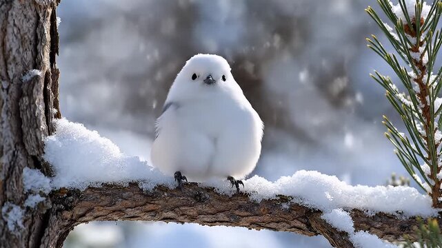 Adorable Shima Enaga Bird Perched on Snowy Branch in Serene Winter Forest Natural Habitat
