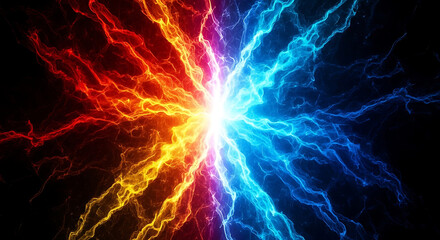 vibrant abstract energy clash with fire and ice elements converging into a powerful light explosion symbolizing opposing forces and dynamic interactions.