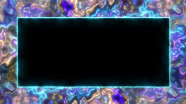 Psychedelic liquid art border with swirling multicolor waves in cyan, violet and amber surrounding bright neon frame, perfect copy space for creative