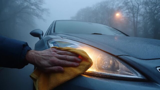 Shot of a person using sandpaper on a foggy headlight surface demonstrating the initial step in the headlight restoration process.
