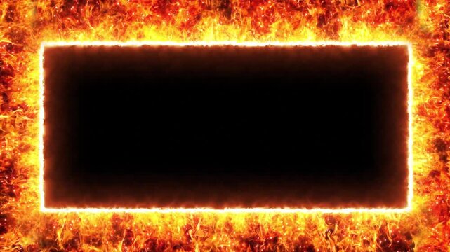 Burning fire frame with intense orange and yellow flames surrounding rectangular border, featuring empty center space for text and intense promotional materials and extreme sports