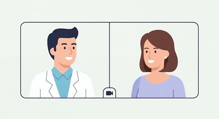 Fototapeta premium A male doctor in a lab coat is smiling while having a remote online video consultation with a female patient on a split screen interface.