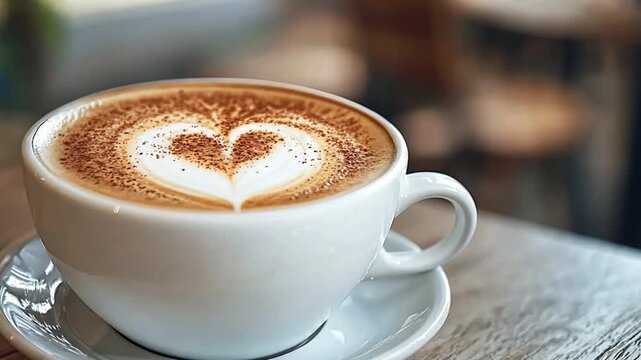Three vertical frames show a white mug of latte coffee with heart shape art, on a rustic wood table, perfect for a cozy morning.