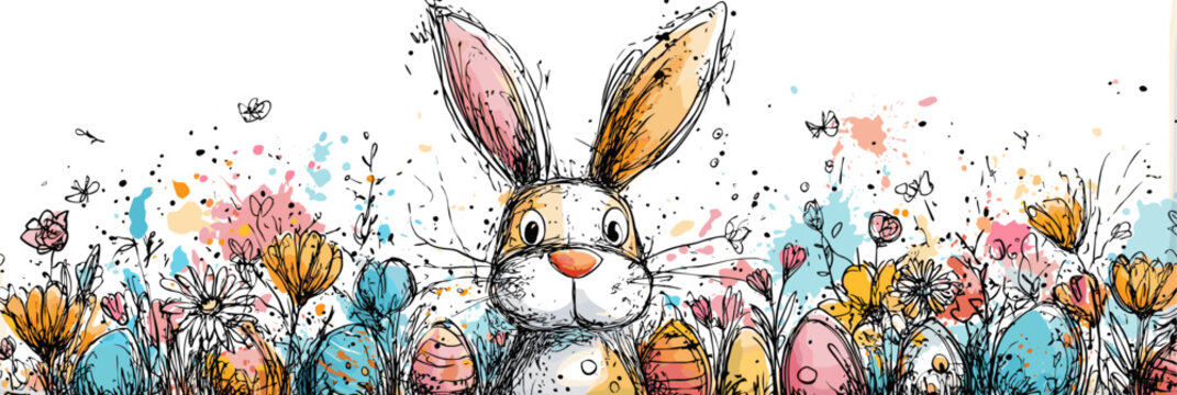 Easter bunny holding decorated eggs and spring flowers wallpaper. Whimsical Easter bunny holding colorful decorated eggs and spring flowers in hand-drawn doodle style