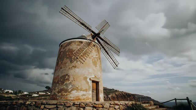 Dramatic landscape featuring an old windmill against cloudy sky. Tourism, travel, architecture, rural scene.