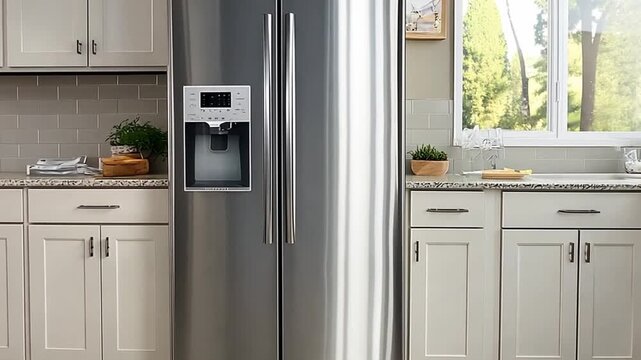 Kitchen interior scene with stainless steel refrigerator and window showing green trees for home improvement and design