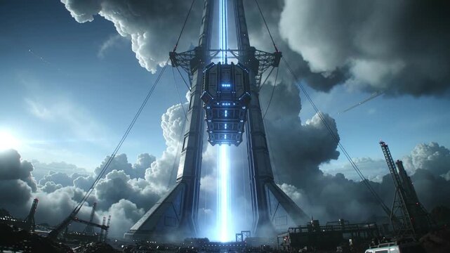 Massive futuristic space elevator lifting a cargo module into the sky with glowing energy beams. People and vehicles at a launch site watching vertical transportation. Sci-fi exploration concept.