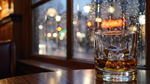 Glass of Whiskey on Table with Rainy Window View Bokeh Lights.