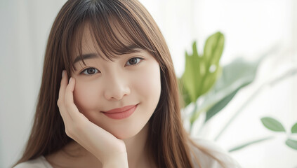 Fototapeta premium パキラのある明るい部屋で頬杖をつき微笑む日本人女性