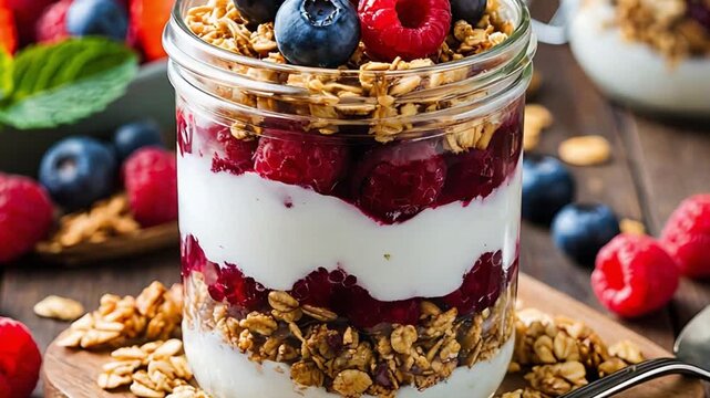 Yogurt parfait with berry, granola, and mint leaves, a healthy dessert or breakfast item on a wooden board.