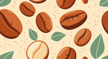 Obraz premium Vector seamless pattern with roasted coffee beans and fresh green leaves on a light beige background, ideal for cafe branding, packaging, or website design.
