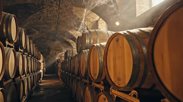 Ancient Wine Cellar with Rows of Oak Barrels in Dim Light.