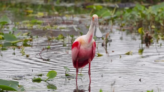 Roseate spoonbill wading and feeding in a swamp
