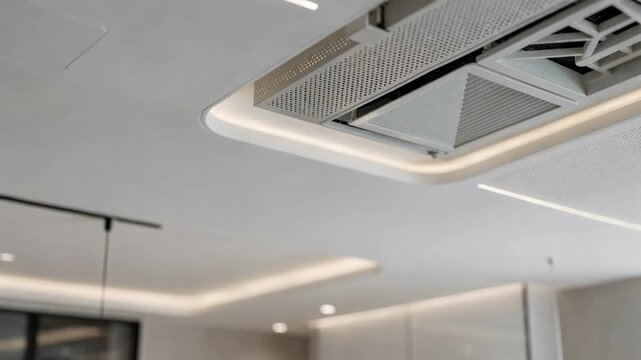Detailed view of hightech filtration units incorporated into a minimalist dining ceiling highlighting air vents and diffuser edges with the rest out of focus.