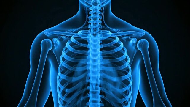 Diagnostic x-ray image showing human skeleton with visible bones and spine in a detailed medical illustration from a frontal viewpoint