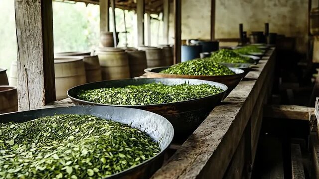 Processing line with large pans of fresh green leaves indoors. Plant processing technology for organic crop.