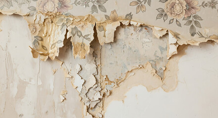 Fototapeta premium Damaged wall with peeling wallpaper and torn edges exposed